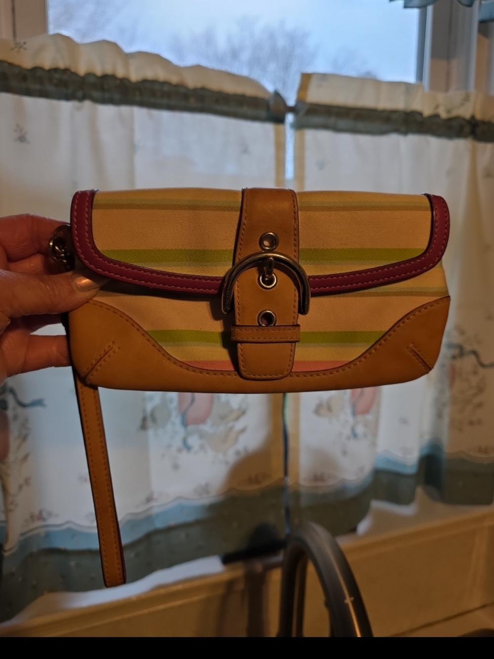Coach Striped Wristlet with Tan Leather and Pink Trim